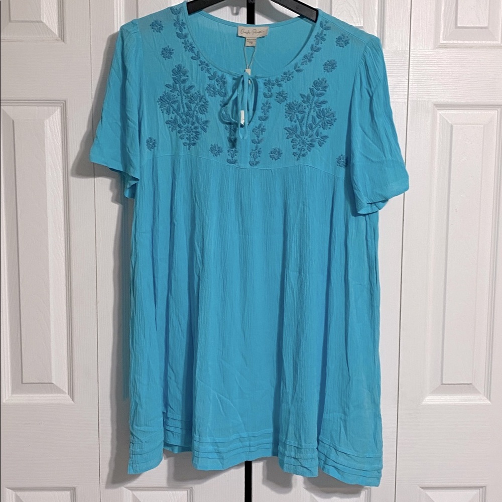 Charlie Paige NWT Tourquoise gauze embroidered tunic top shirt size LARGE